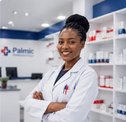 Palmic Pharmaceuticals pharmacist standing inside the pharmacy