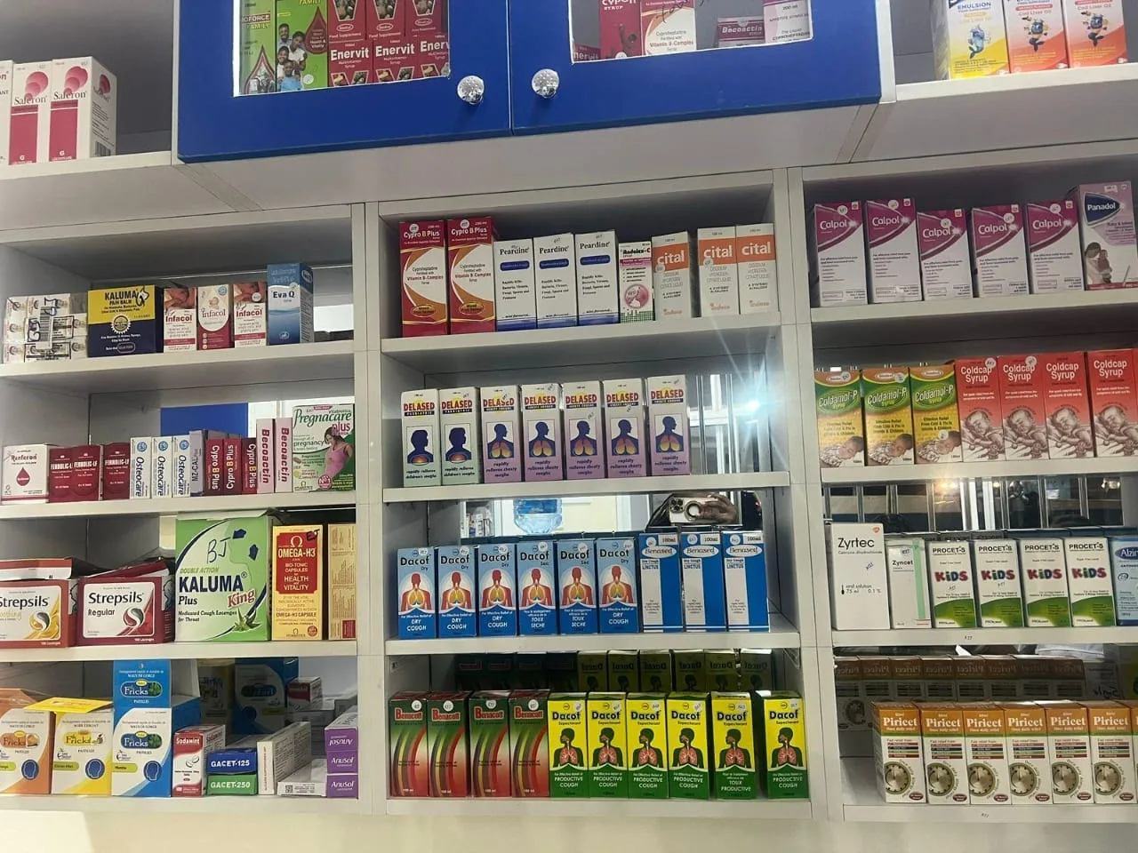 Stocked shelves inside the Palmic Pharmaceuticals storefront